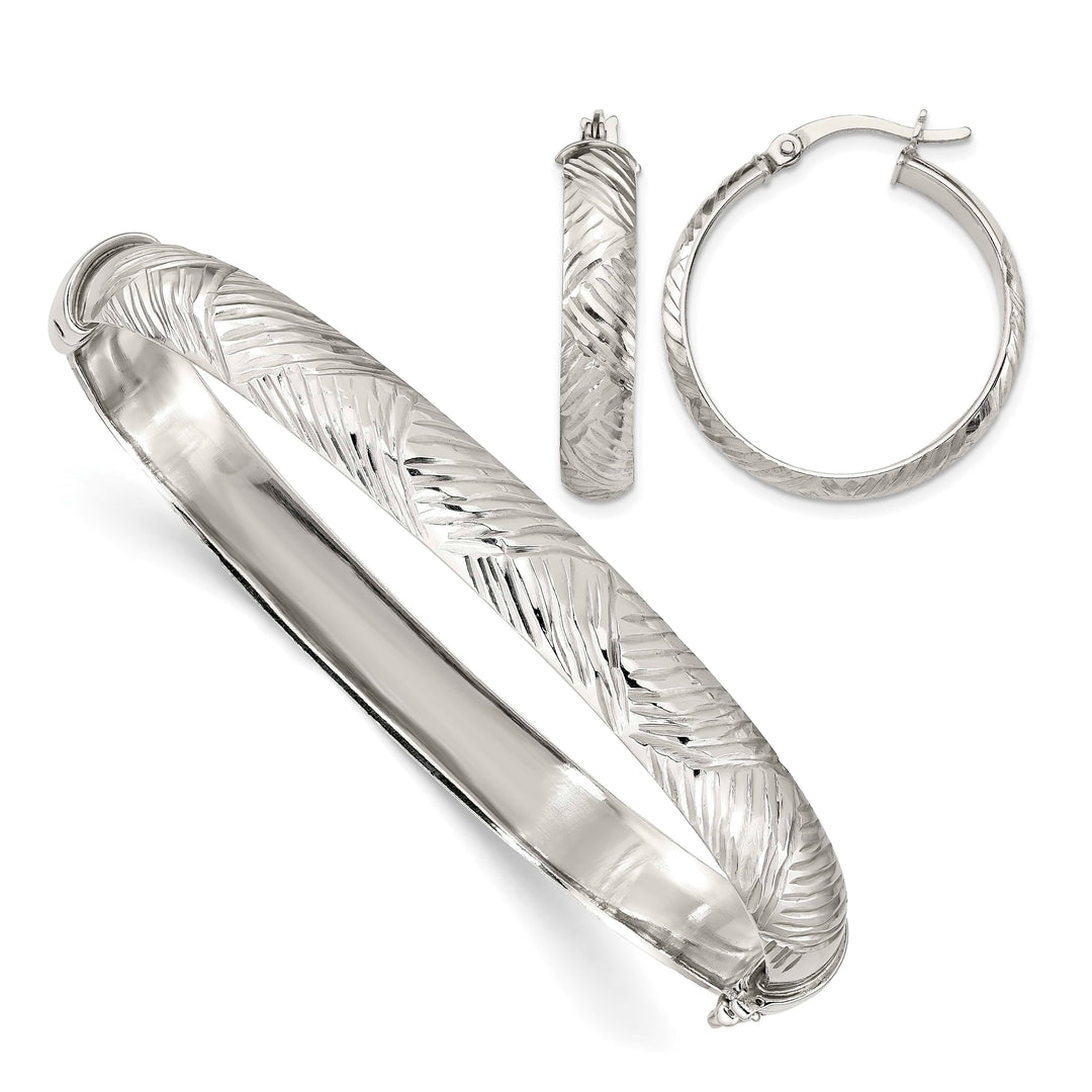 Sterling Silver Diamond-cut 7.5mm Hinged Bangle and 5x25mm Hoop