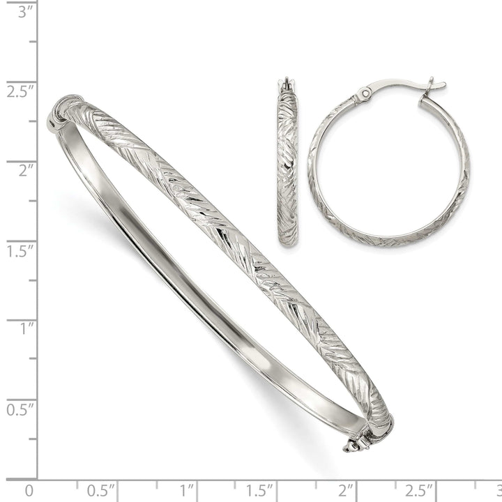 Sterling Silver Diamond-cut 4mm Hinged Bangle and 3x25mm Hoop - 7.32g