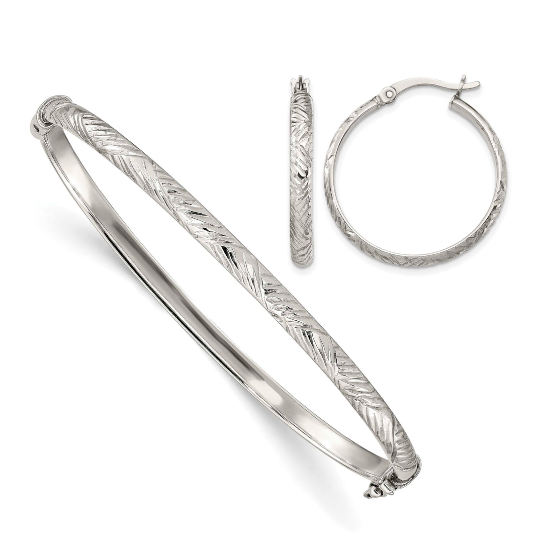 Sterling Silver Diamond-cut 4mm Hinged Bangle and 3x25mm Hoop - 7.32g