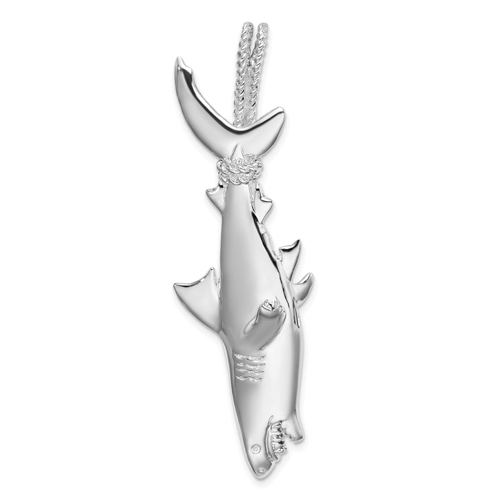 Sterling Silver 3D Shark Hanging from Rope Pendant