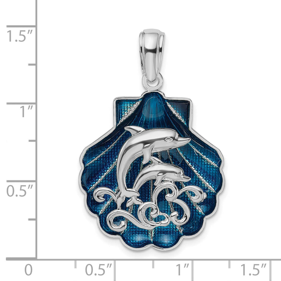 Sterling Silver Enameled Blue Shell with Dolphins Pendant