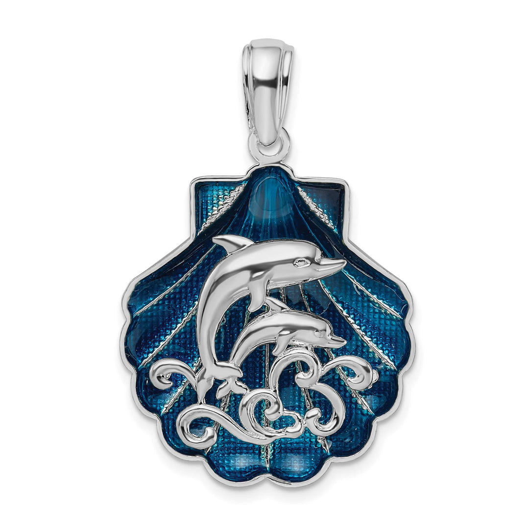 Sterling Silver Enameled Blue Shell with Dolphins Pendant