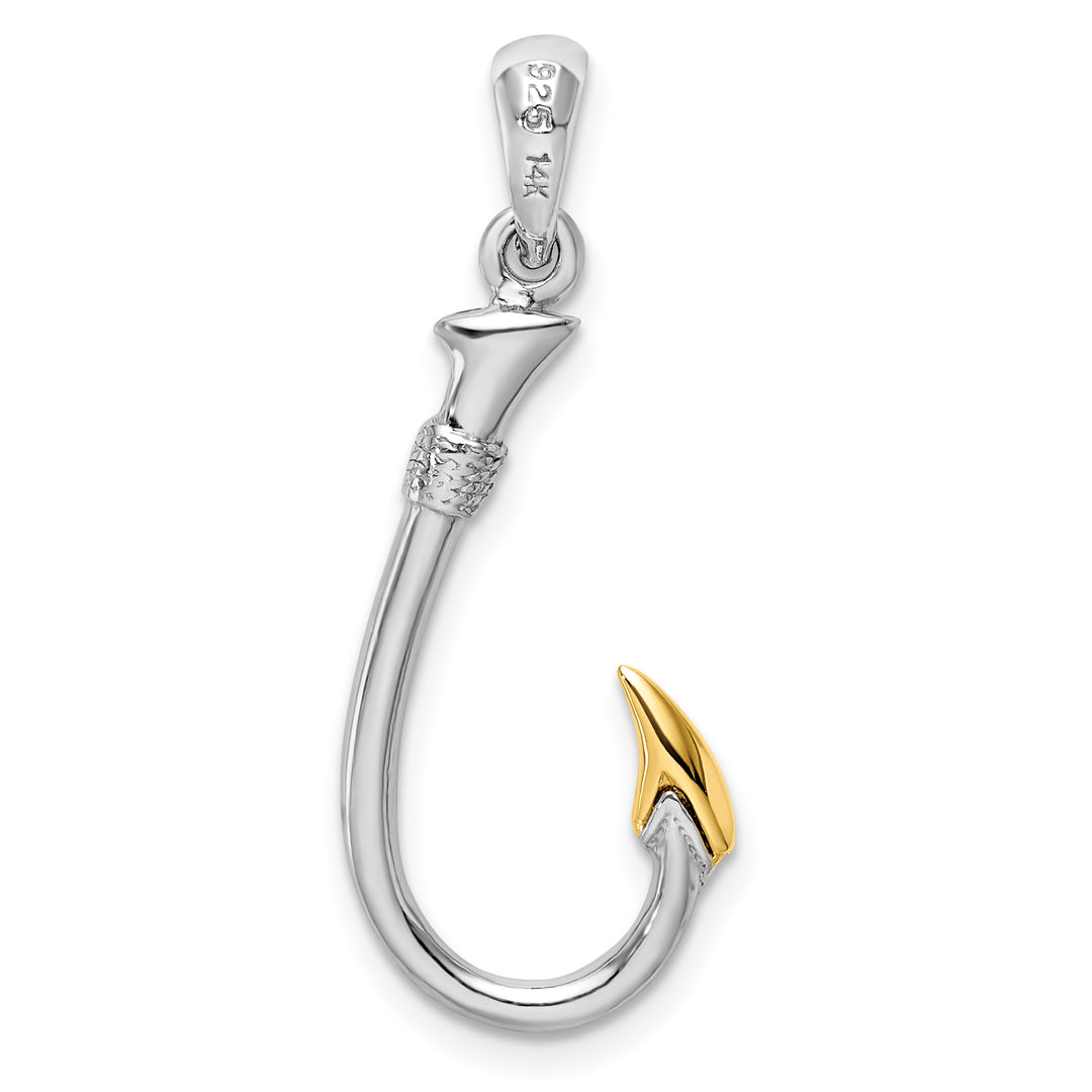 Sterling Silver 3D Fish Hook with 14k Accent Pendant