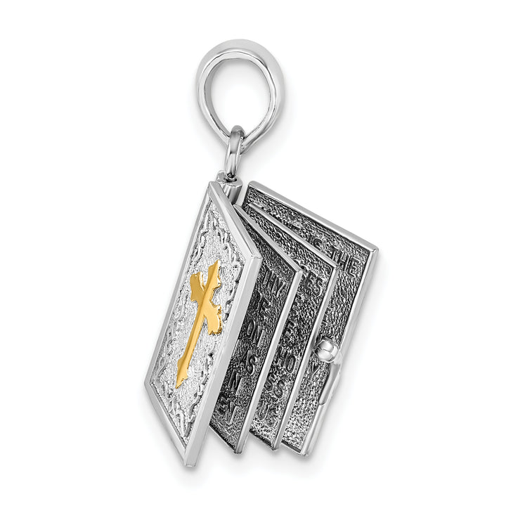 Sterling Silver Texture Lord's Prayer Bible with 14k Cross Pendant
