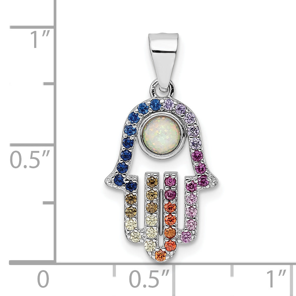 Sterling Silver Multicolor CZ and Synthetic Opal Hamsa Pendant