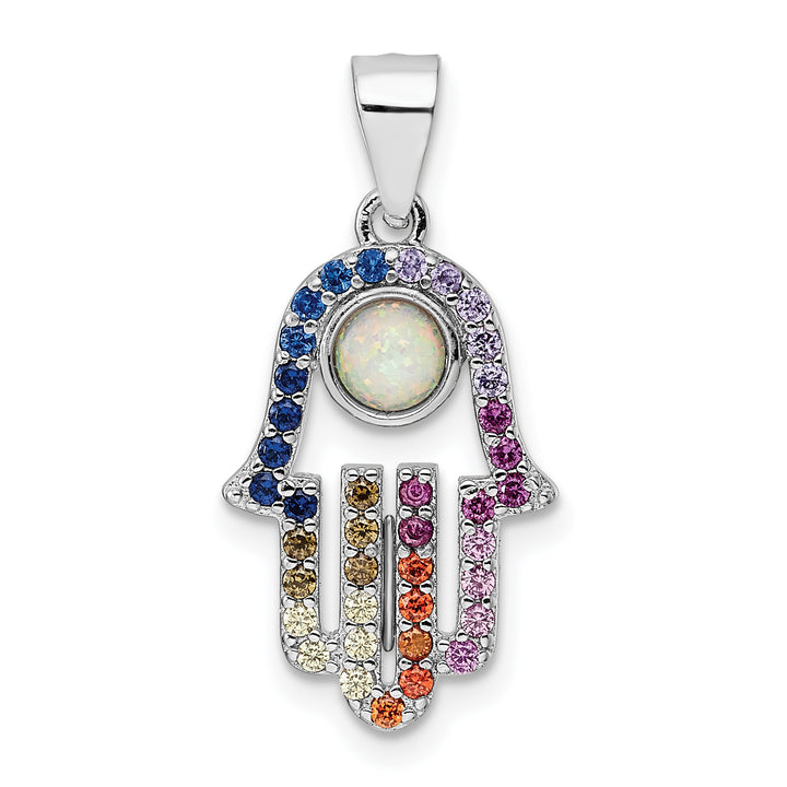 Sterling Silver Multicolor CZ and Synthetic Opal Hamsa Pendant