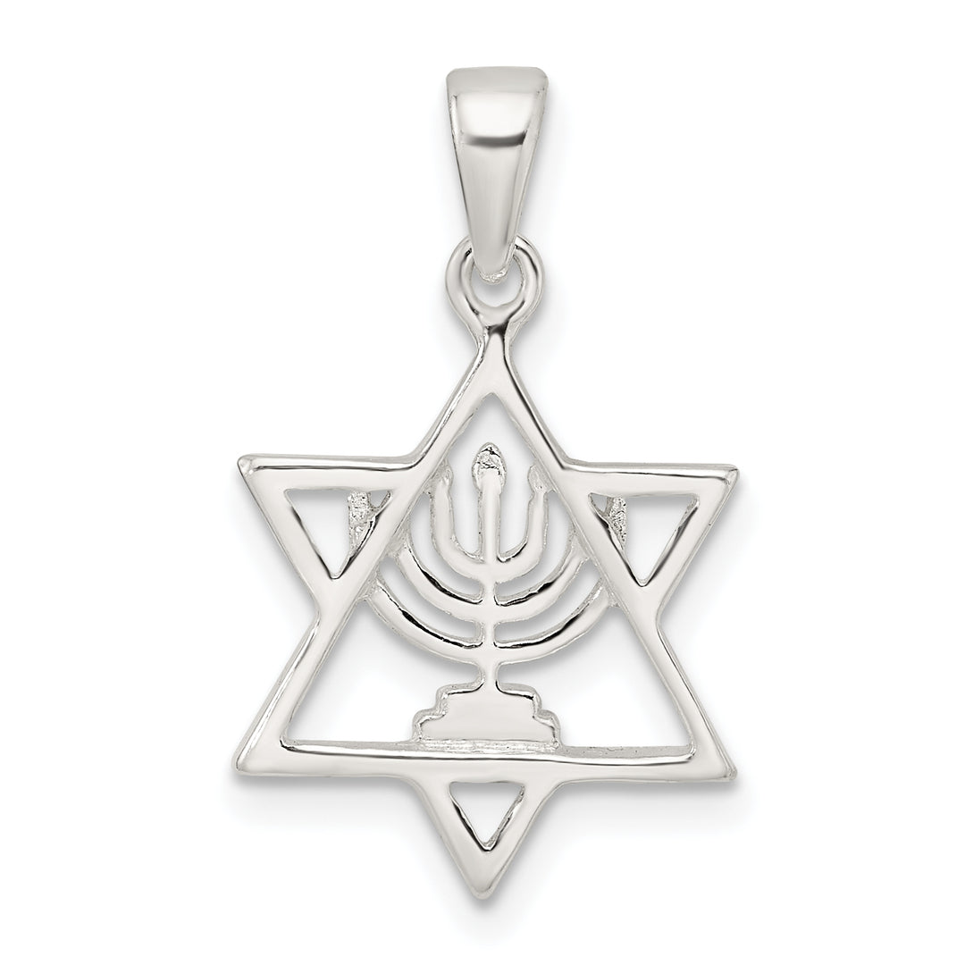 Sterling Silver Polished and D/C Star of David with Menorah Pendant