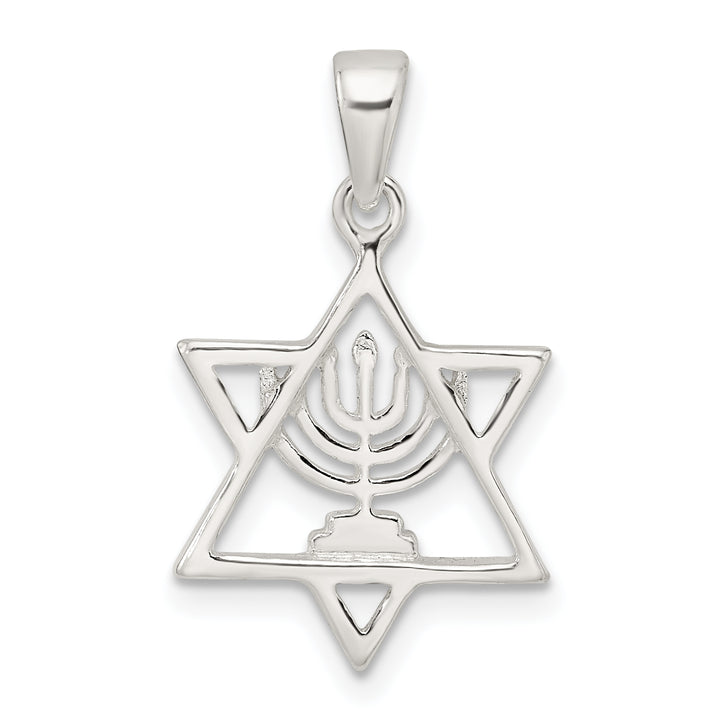 Sterling Silver Polished and D/C Star of David with Menorah Pendant