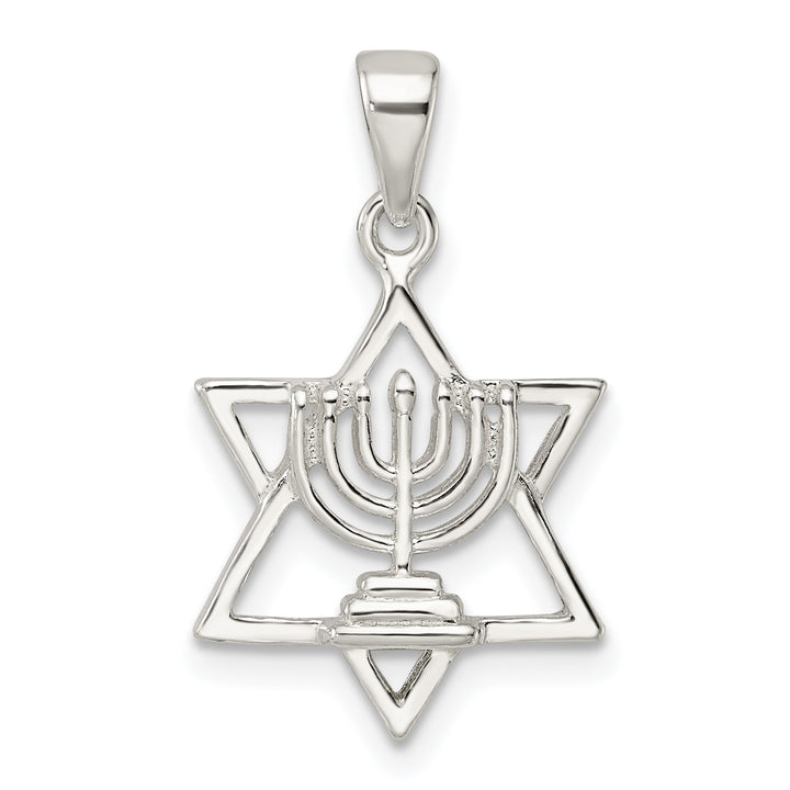 Sterling Silver Polished and D/C Star of David with Menorah Pendant
