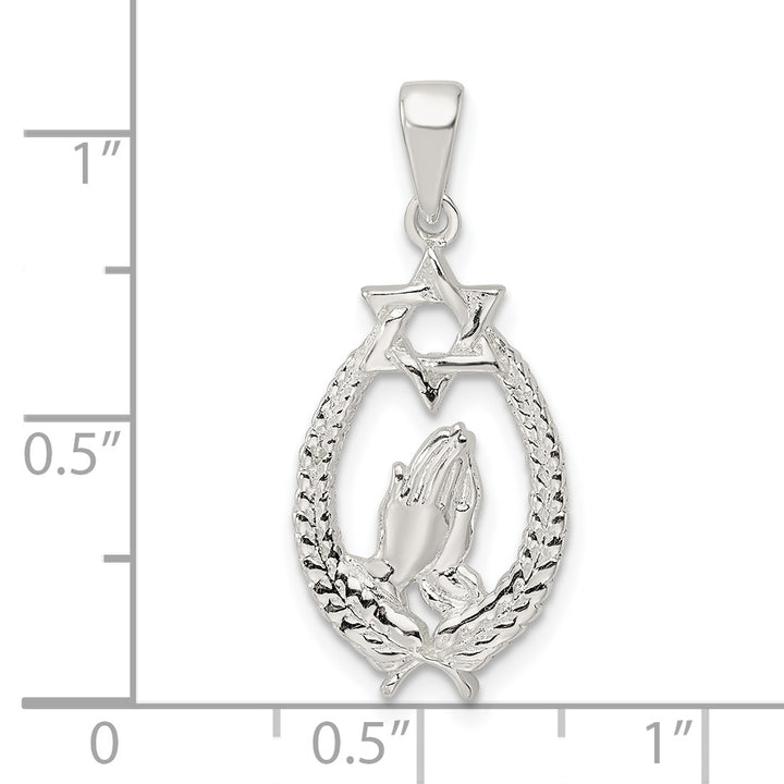 Sterling Silver Polished Star of David with Praying Hands Pendant