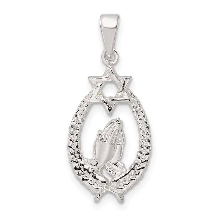 Sterling Silver Polished Star of David with Praying Hands Pendant