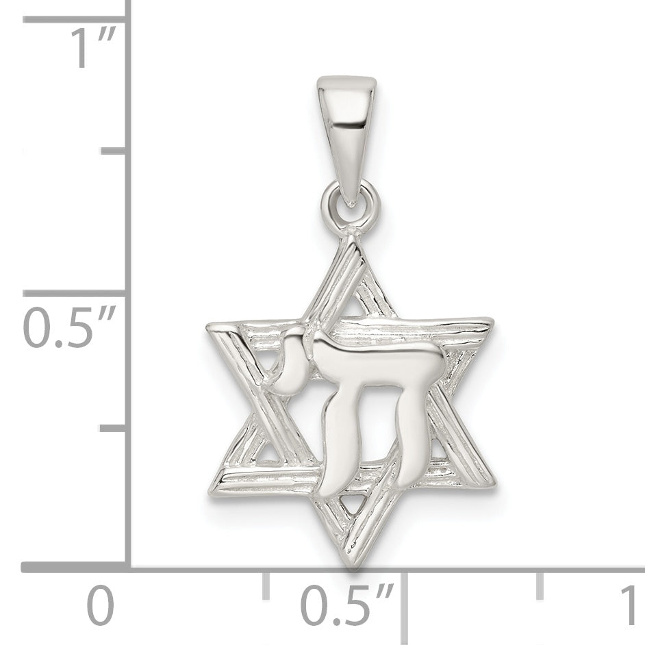 Sterling Silver Polished and D/C Star of David with Chai Pendant