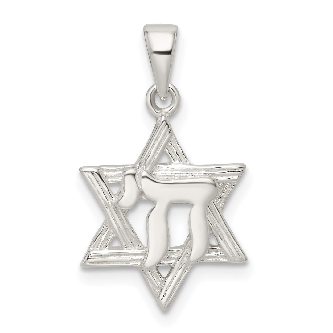 Sterling Silver Polished and D/C Star of David with Chai Pendant