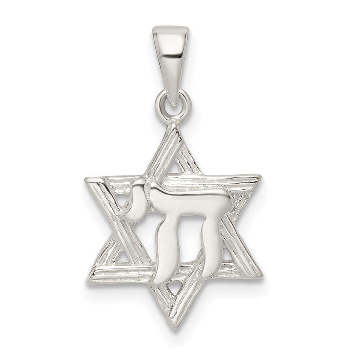 Sterling Silver Polished and D/C Star of David with Chai Pendant