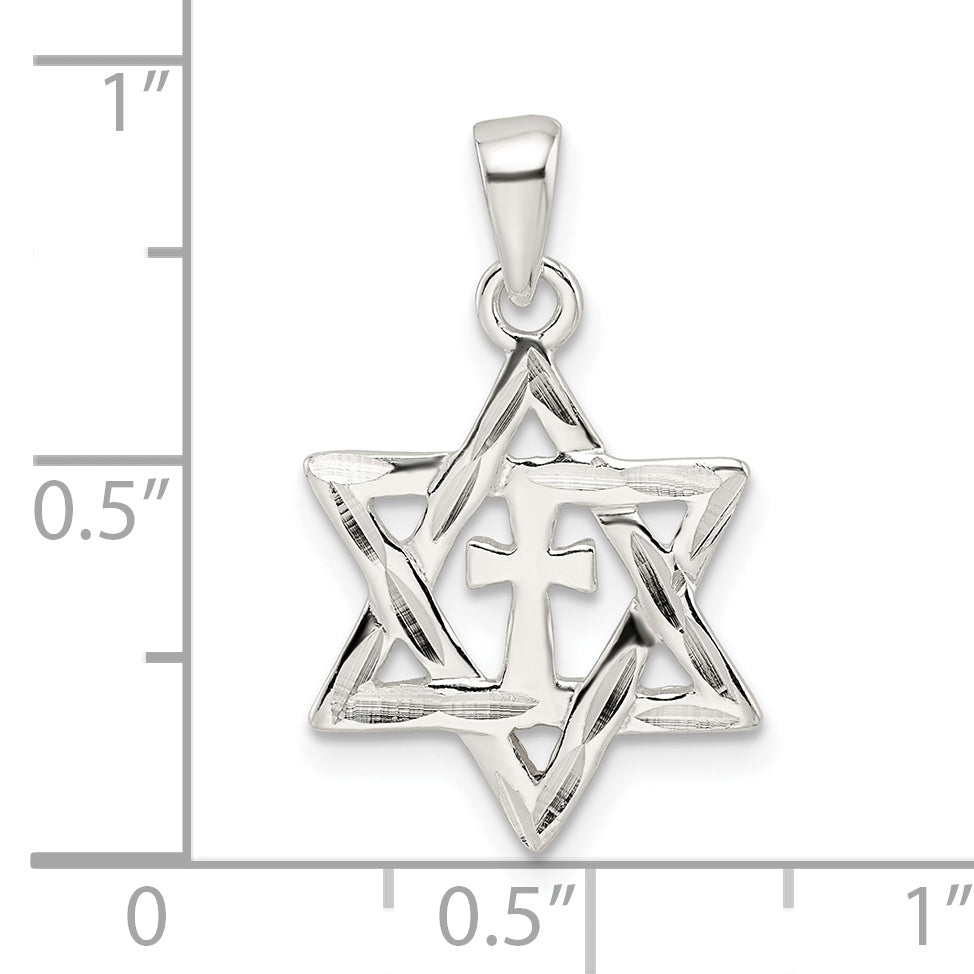 Sterling Silver Polished and D/C Star of David with Cross Pendant