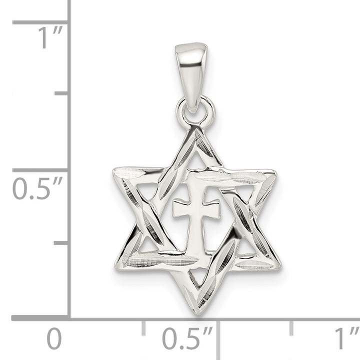 Sterling Silver Polished and D/C Star of David with Cross Pendant