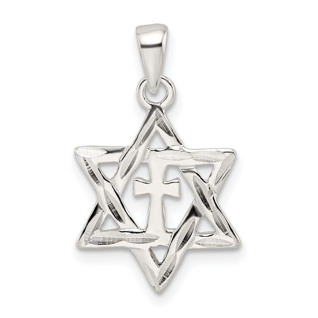 Sterling Silver Polished and D/C Star of David with Cross Pendant