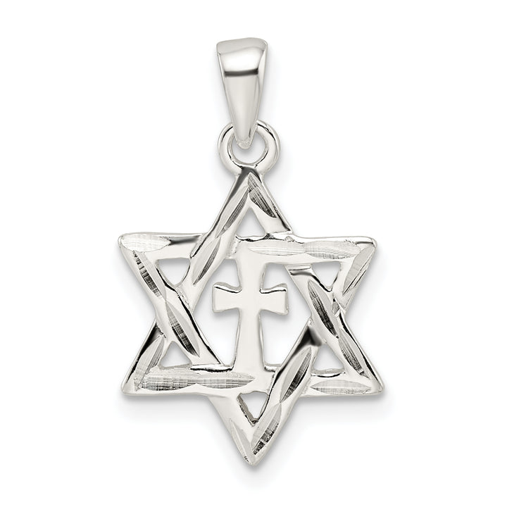 Sterling Silver Polished and D/C Star of David with Cross Pendant