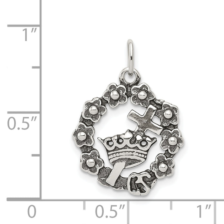 Sterling Silver Antiqued Cross, Crown and Wreath Charm