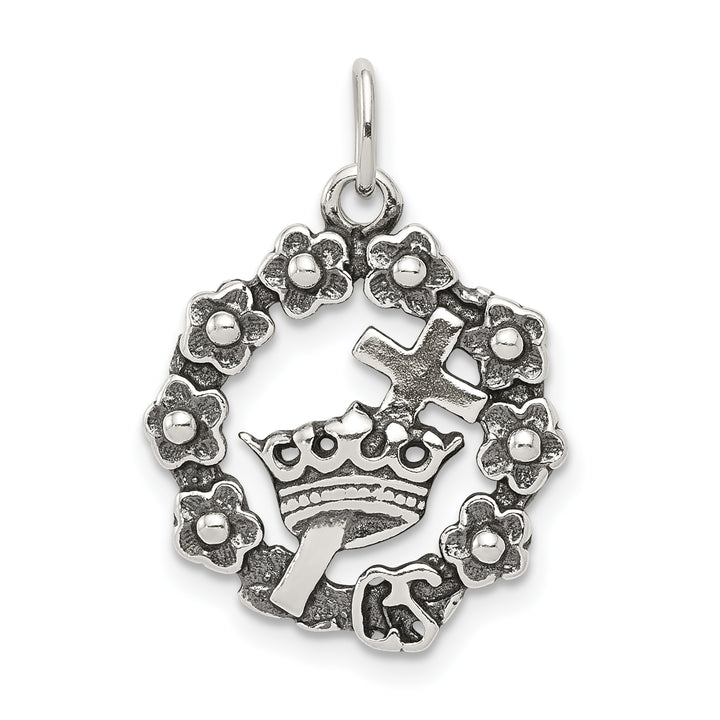 Sterling Silver Antiqued Cross, Crown and Wreath Charm