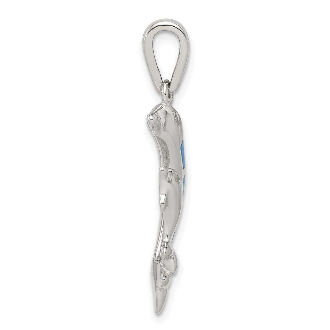 Sterling Silver Blue Inlay Created Opal Dolphin Pendant