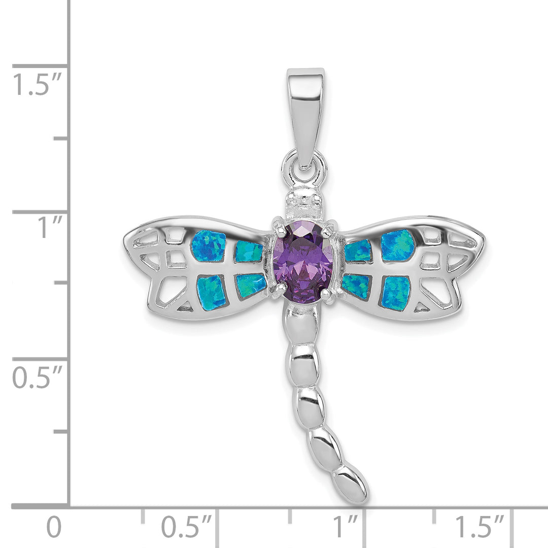 Sterling Silver Created Opal Dragonfly Amethyst Pendant