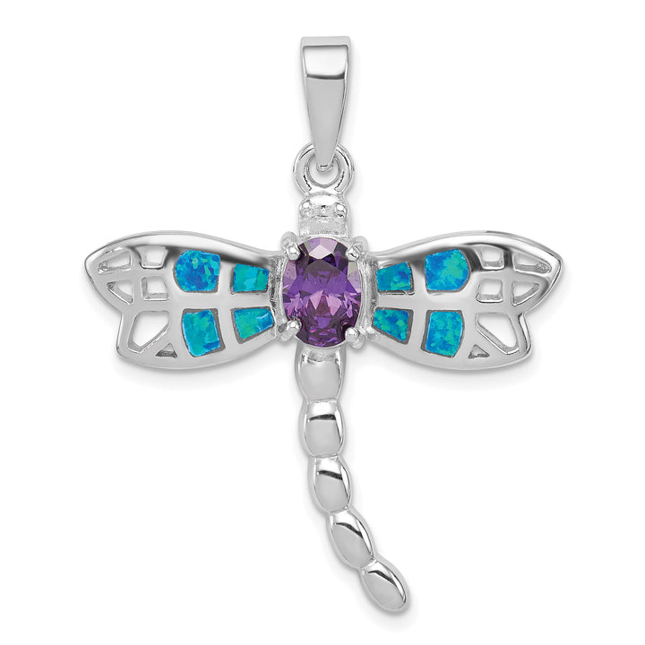 Sterling Silver Created Opal Dragonfly Amethyst Pendant