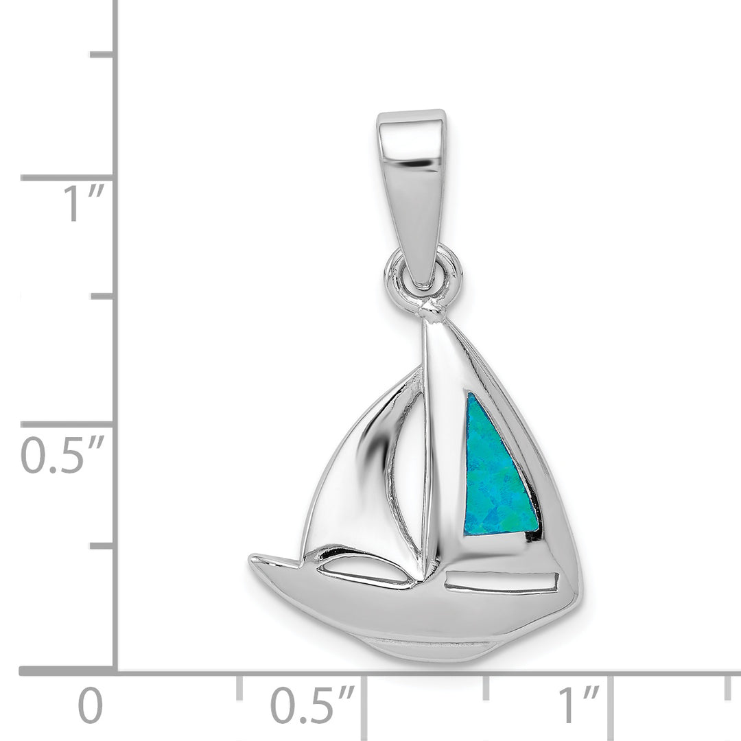 Sterling Silver Blue Inlay Created Opal Sailboat Pendant