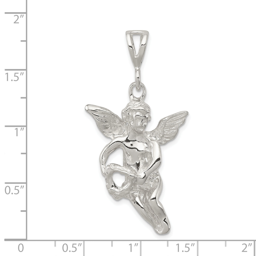 Sterling Silver Polished and Textured Flying Angel with Heart Pendant