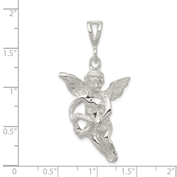 Sterling Silver Polished and Textured Flying Angel with Heart Pendant