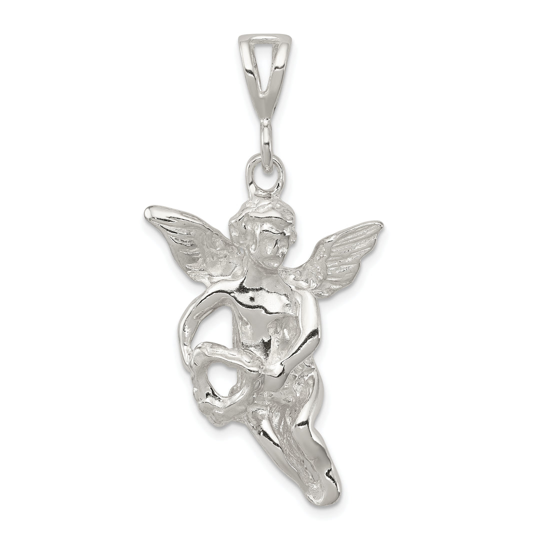 Sterling Silver Polished and Textured Flying Angel with Heart Pendant