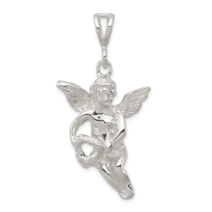 Sterling Silver Polished and Textured Flying Angel with Heart Pendant