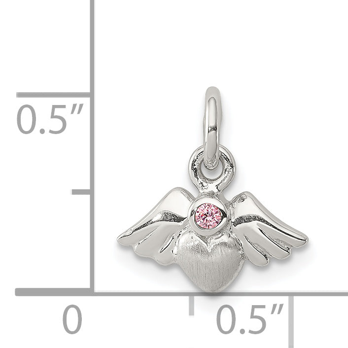 Sterling Silver Rhod-pltd /Satin Heart with Wings Pink CZ Pendant