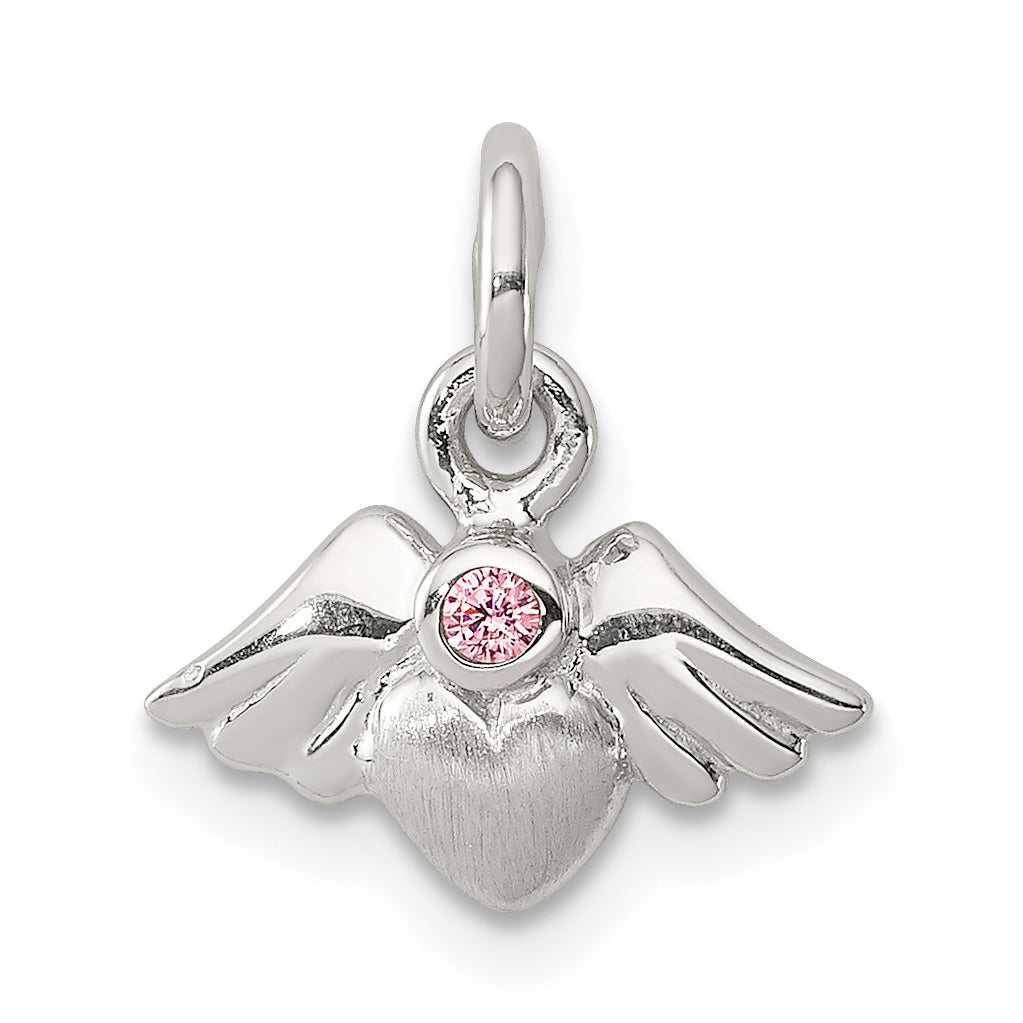 Sterling Silver Rhod-pltd /Satin Heart with Wings Pink CZ Pendant