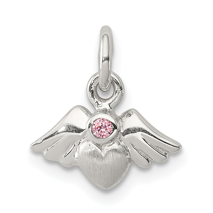 Sterling Silver Rhod-pltd /Satin Heart with Wings Pink CZ Pendant