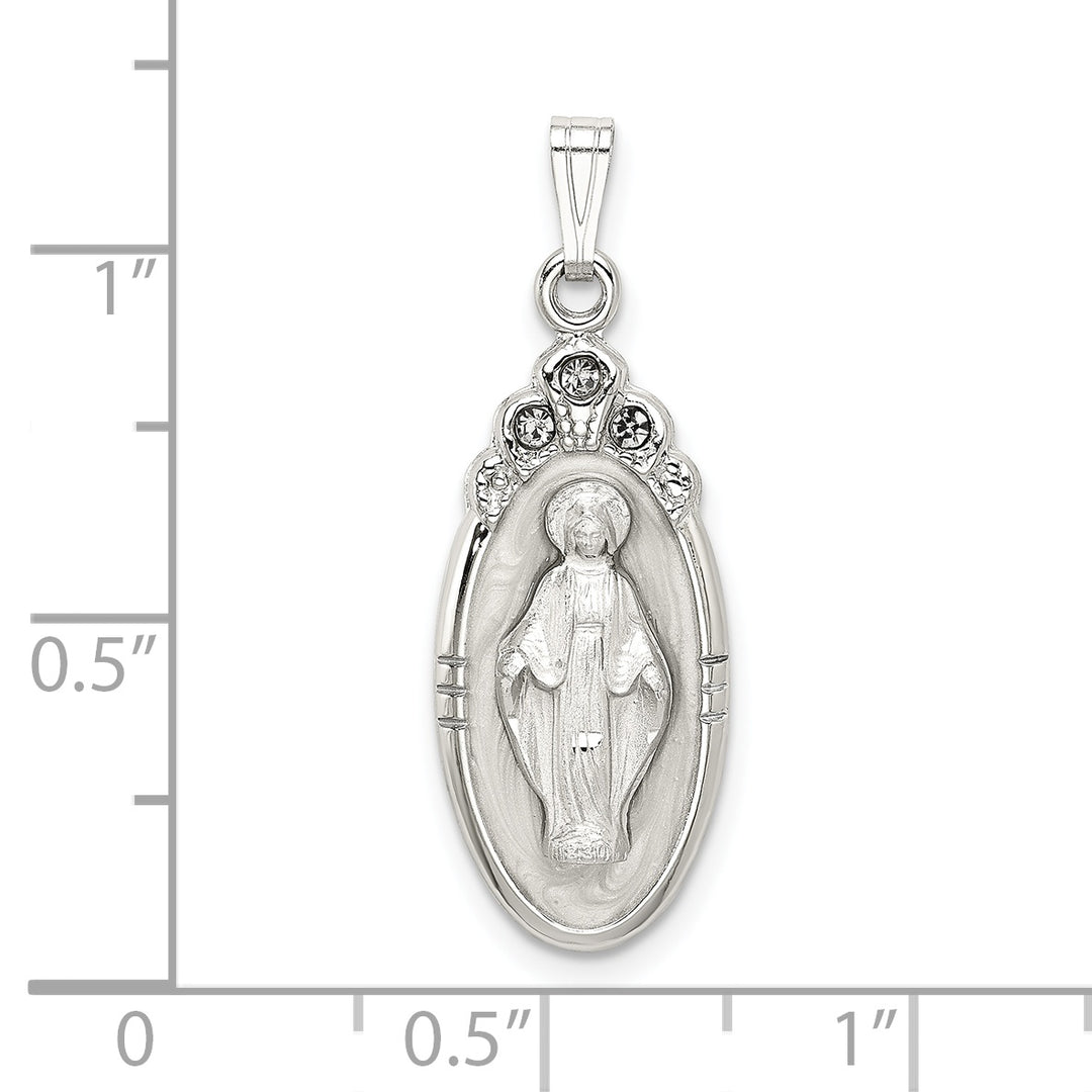 Sterling Silver White Epoxy and Crystal Miraculous Medal Pendant