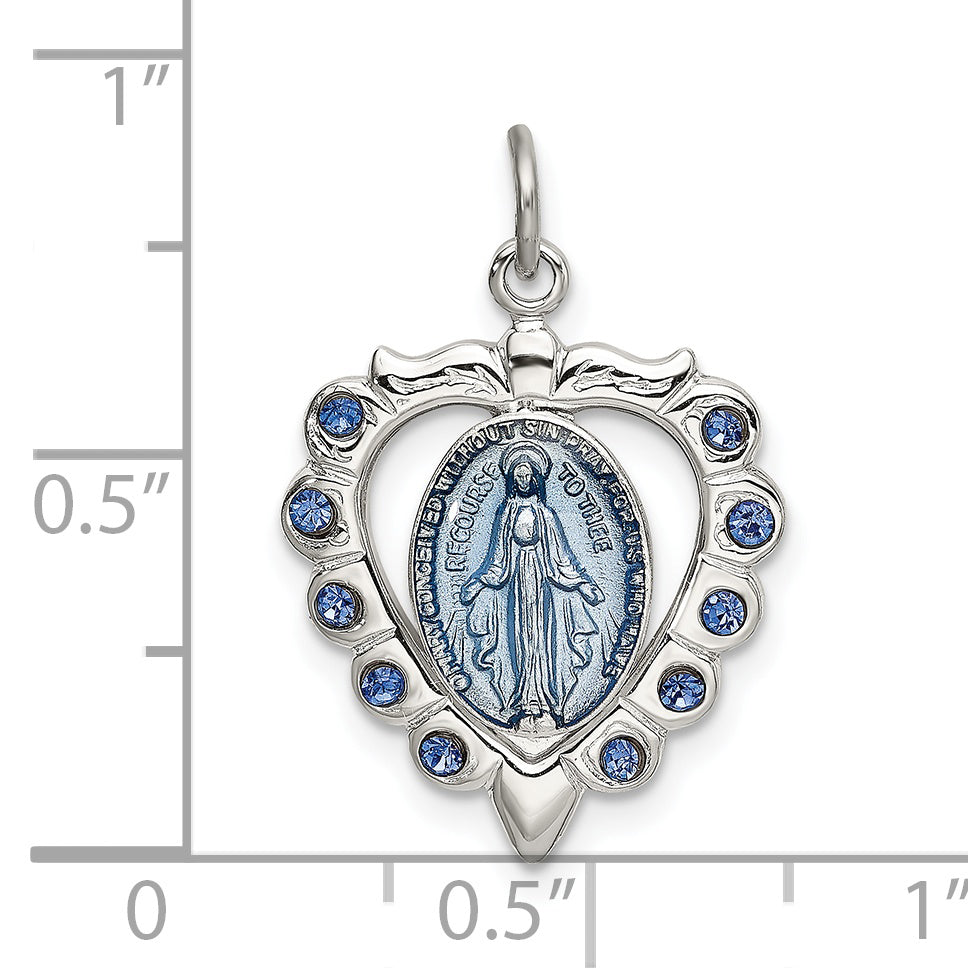 Sterling Silver Epoxy and Crystal Miraculous Medal Heart Pendant