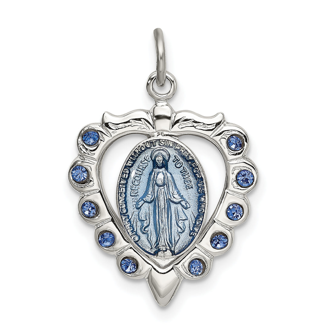 Sterling Silver Epoxy and Crystal Miraculous Medal Heart Pendant