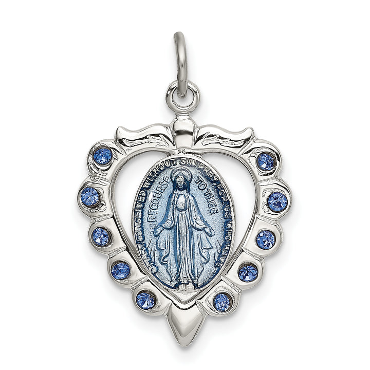 Sterling Silver Epoxy and Crystal Miraculous Medal Heart Pendant
