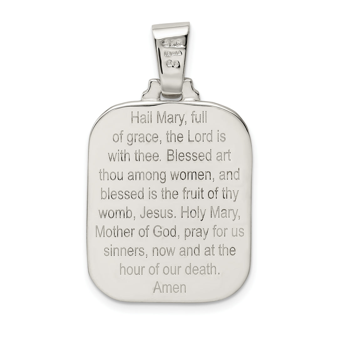 Sterling Silver Satin and Polished Mary with Hail Mary Prayer Pendant