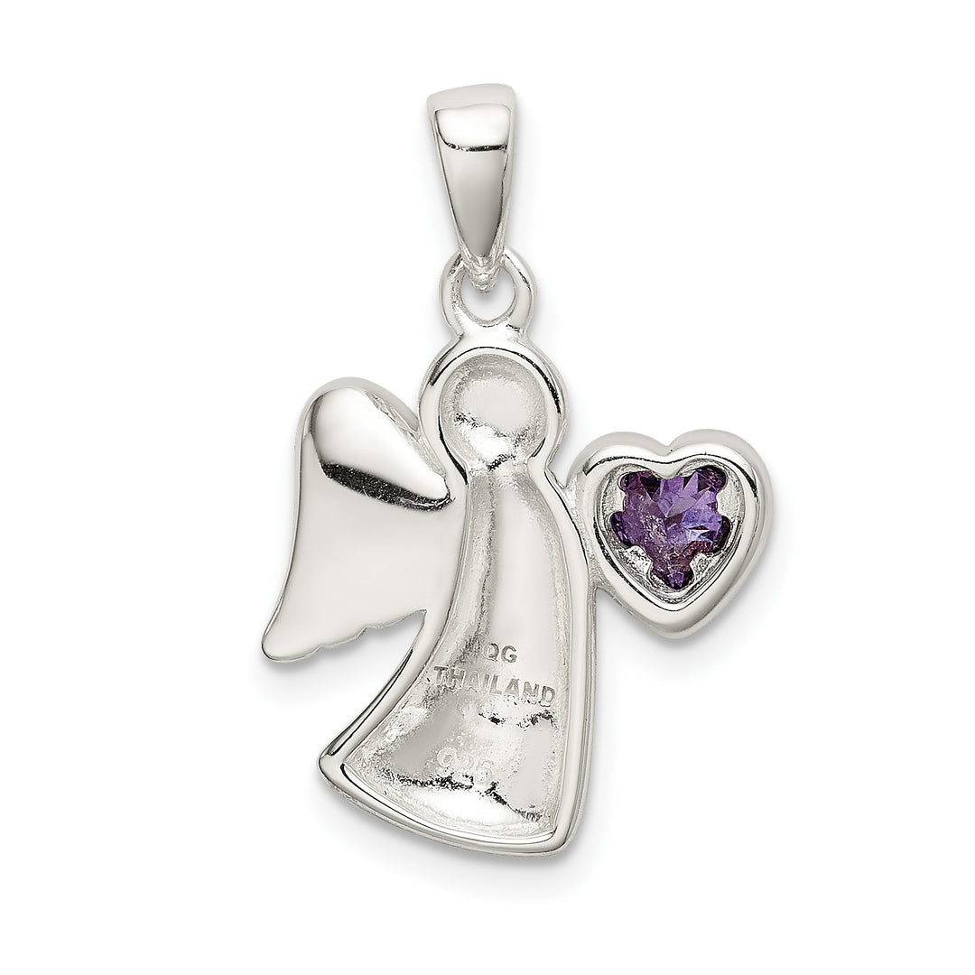 Sterling Silver Angel with Purple CZ Heart Pendant