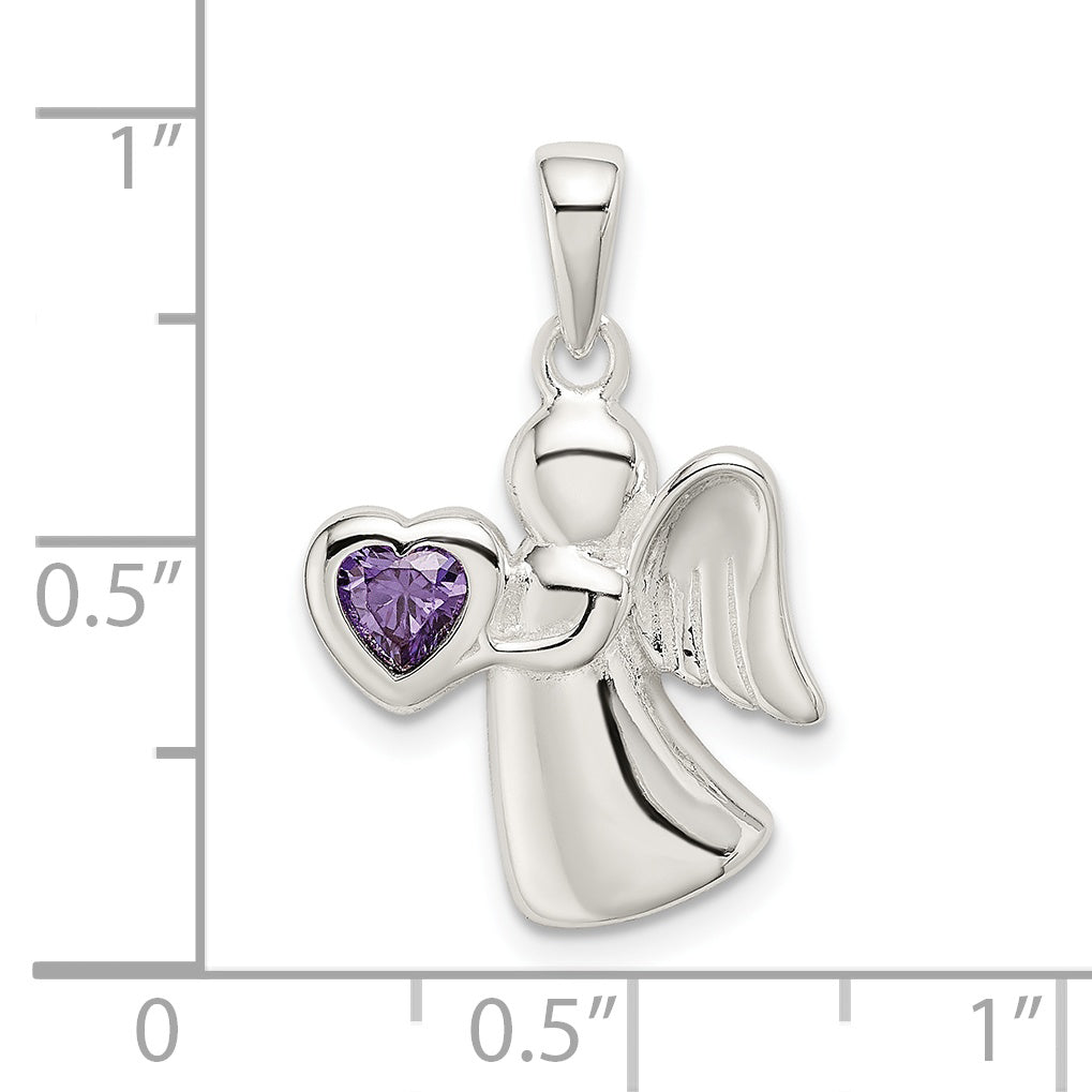 Sterling Silver Angel with Purple CZ Heart Pendant