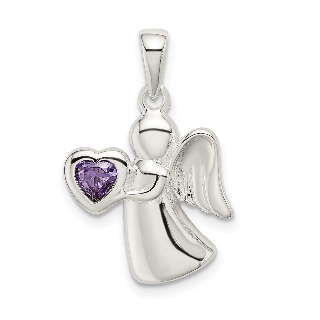 Sterling Silver Angel with Purple CZ Heart Pendant
