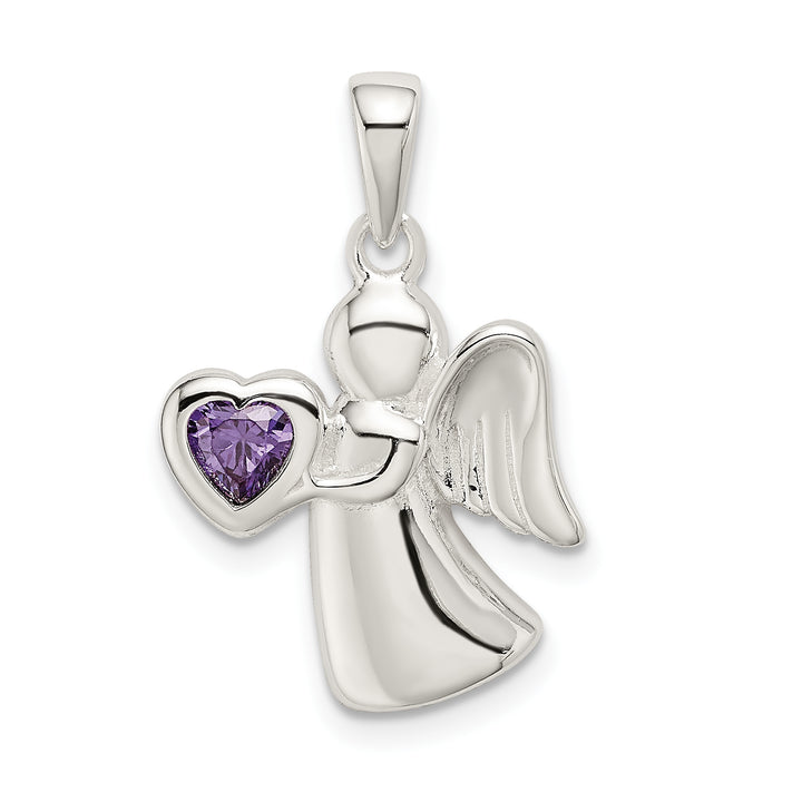 Sterling Silver Angel with Purple CZ Heart Pendant