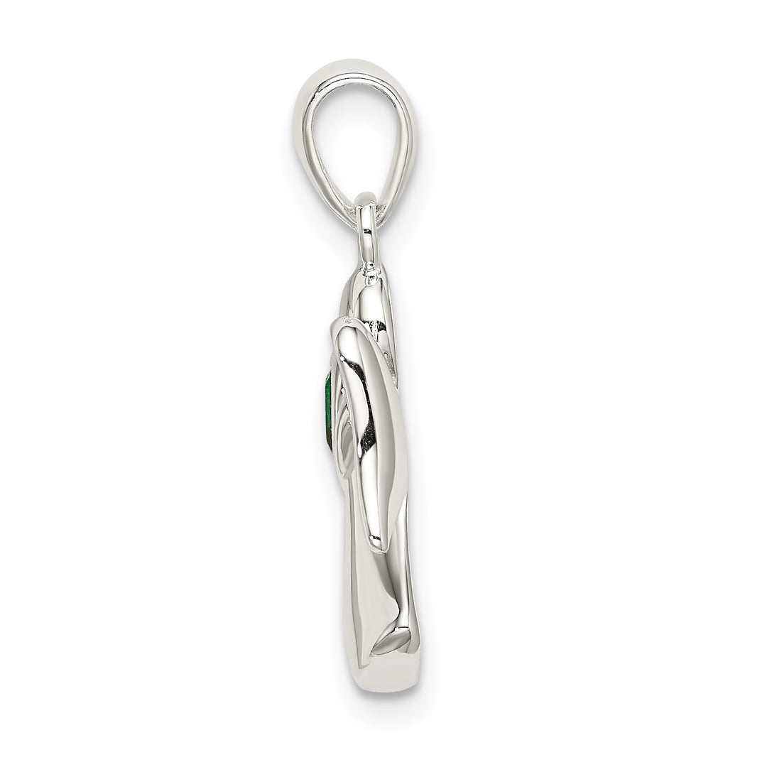 Sterling Silver Angel with Dark Green CZ Heart Pendant