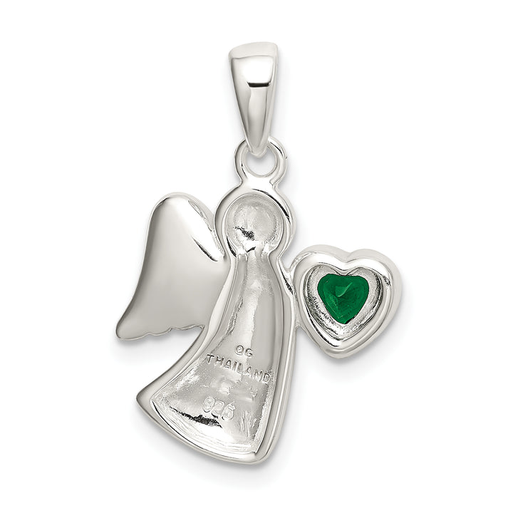 Sterling Silver Angel with Dark Green CZ Heart Pendant