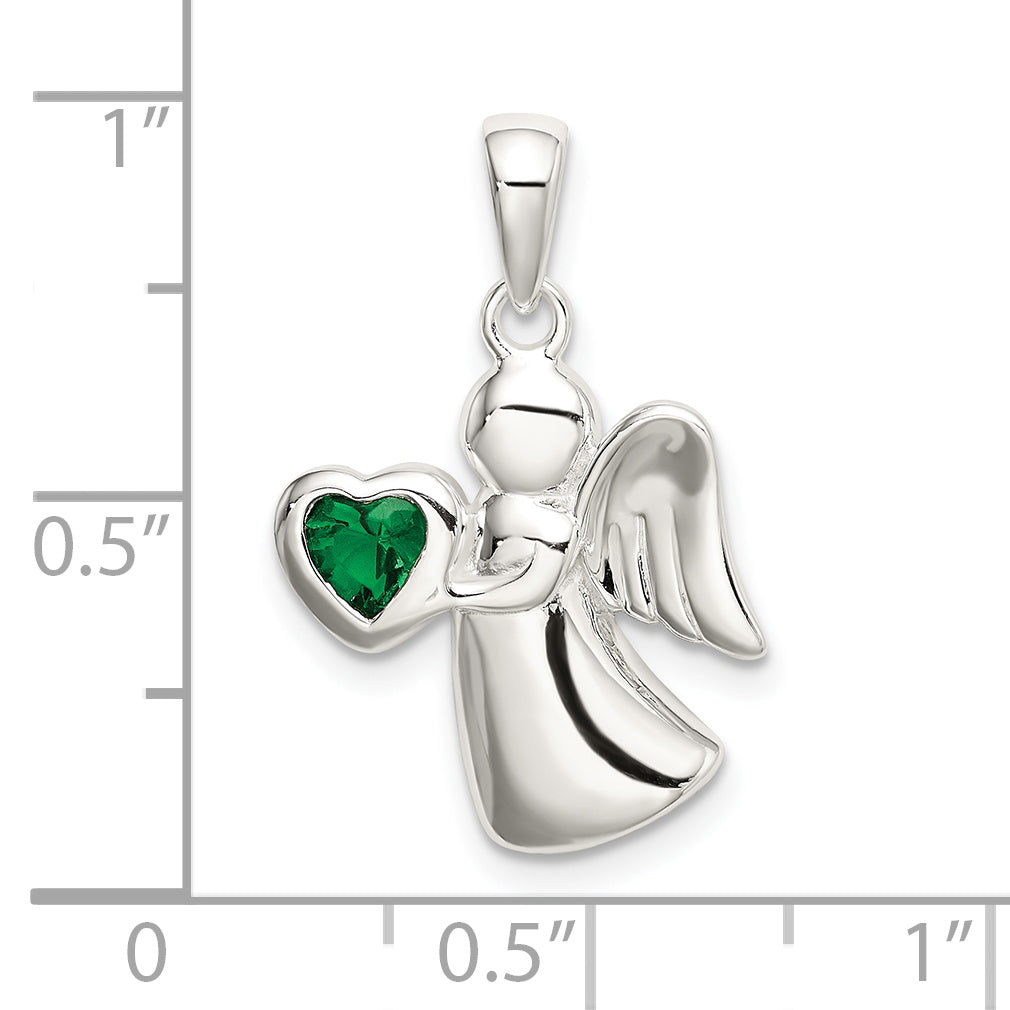 Sterling Silver Angel with Dark Green CZ Heart Pendant