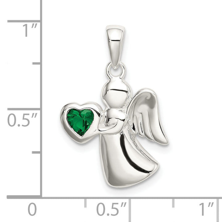 Sterling Silver Angel with Dark Green CZ Heart Pendant