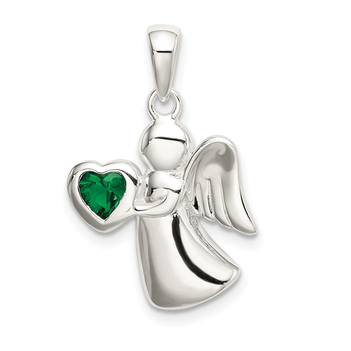 Sterling Silver Angel with Dark Green CZ Heart Pendant