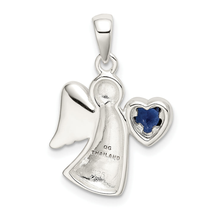 Sterling Silver Angel with Dark Blue CZ Heart Pendant